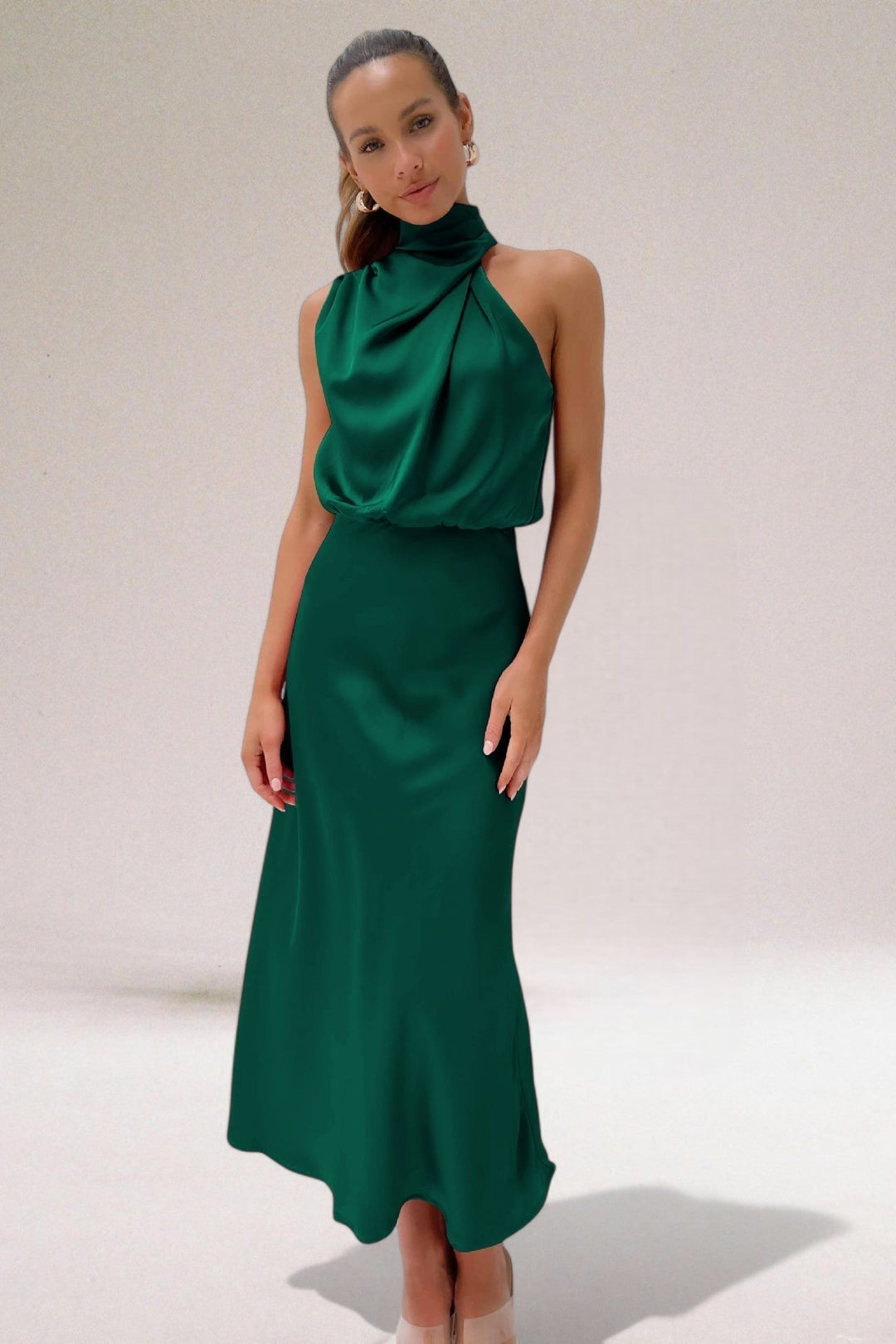 Calista | Draped Satin Halter Dress Wedding Guest Maxi