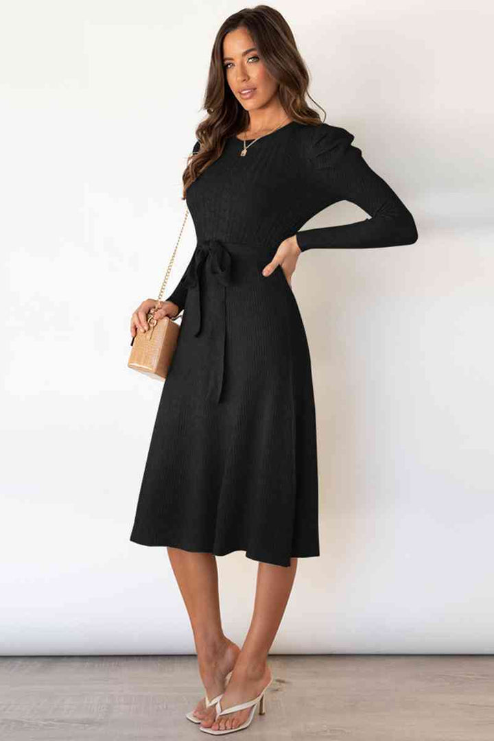 Audrey | Women's Cable Knit Dress with Puff Shoulders
