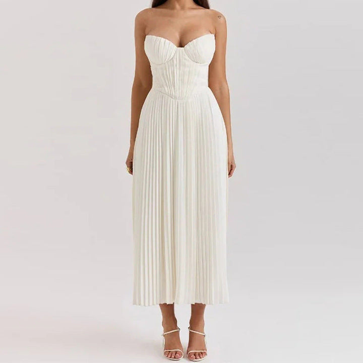 Marcelle | Strapless Corset Womens Pleated Midi Dress