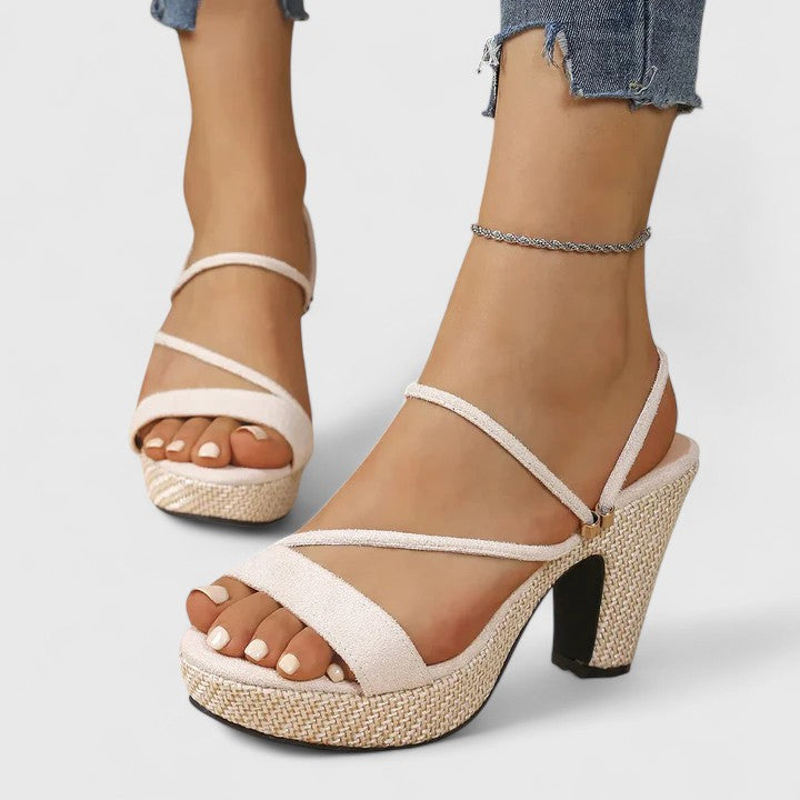 Riviera | Strappy Open Toe Raffia Platform Block Heels