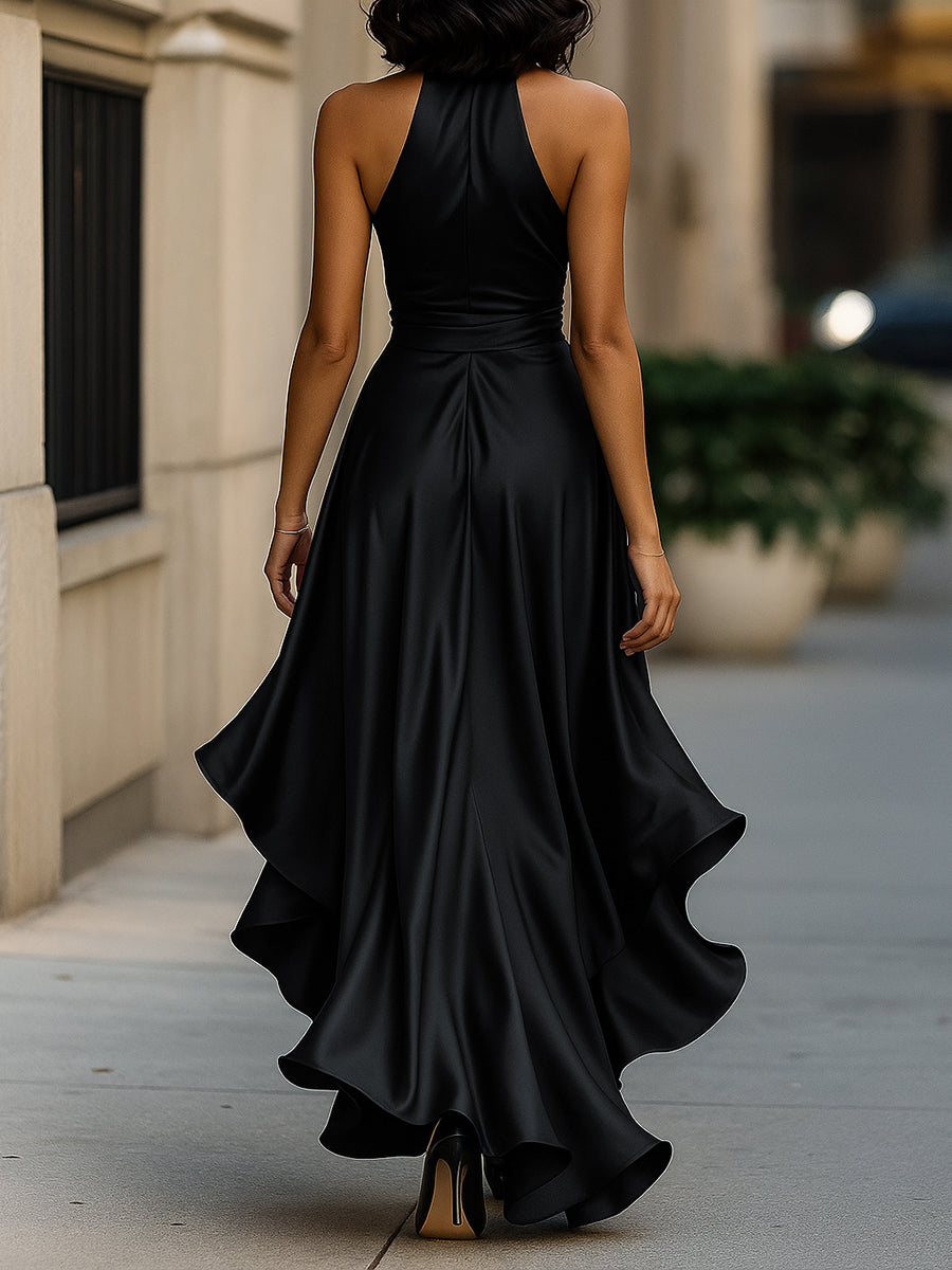 Arabella | Satin Halter Wrap Formal Maxi Dress with Ruffle Hem