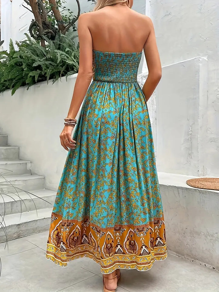 Solène | Boho Bandeau Printed Womens Pleated Midi Dress
