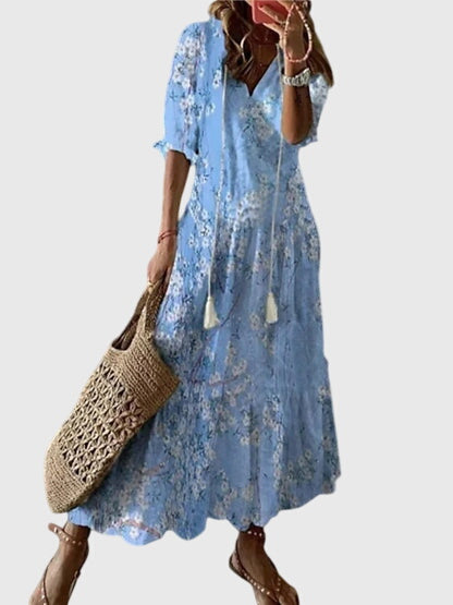 Izara | Ikat Print Tassel Tie Maxi Summer Dress