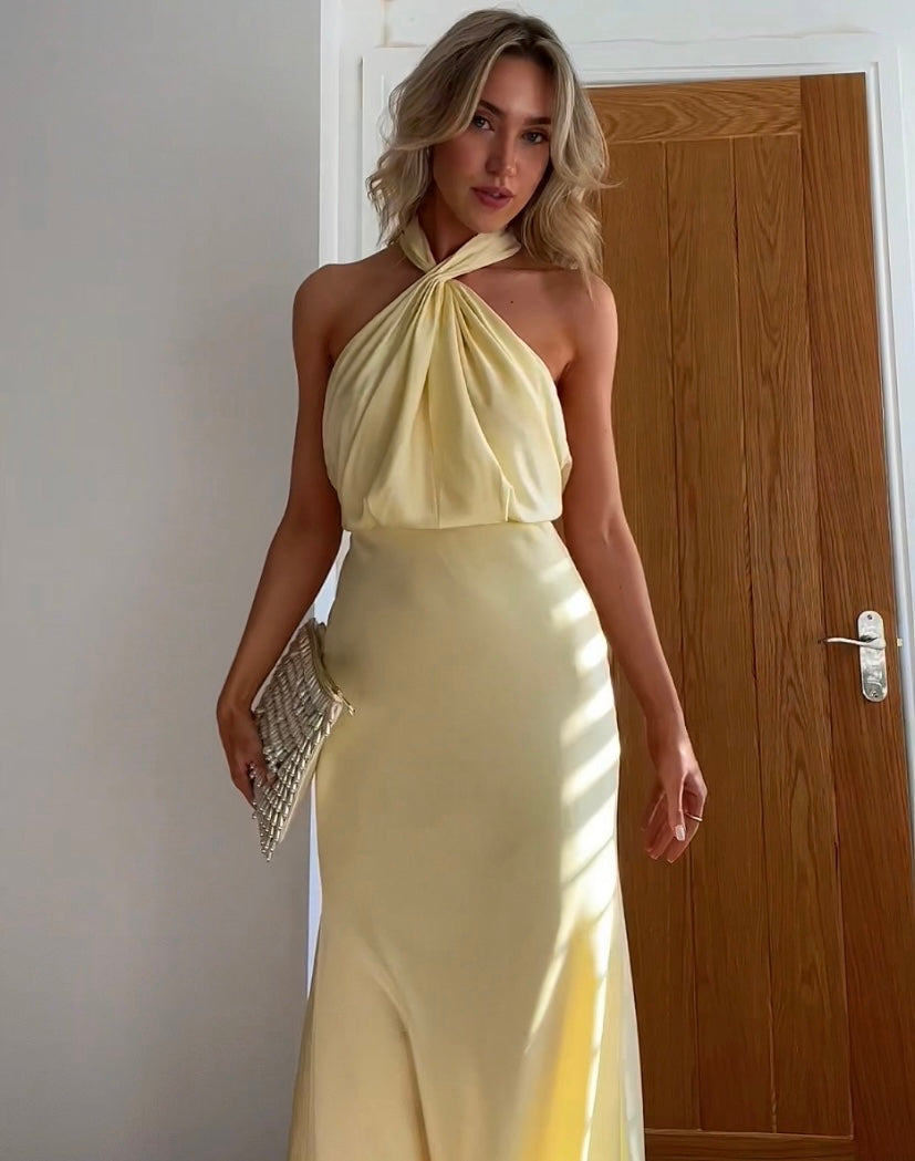 Lisette | Knotted Twist Satin Halter Neck Maxi Dress
