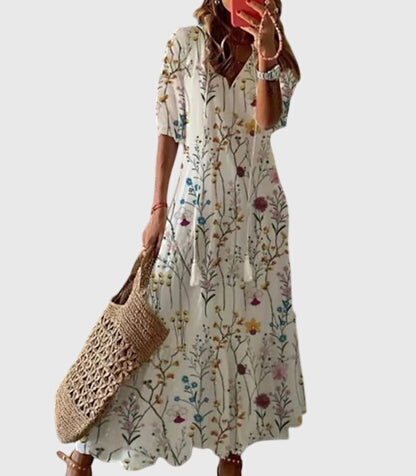 Izara | Ikat Print Tassel Tie Maxi Summer Dress