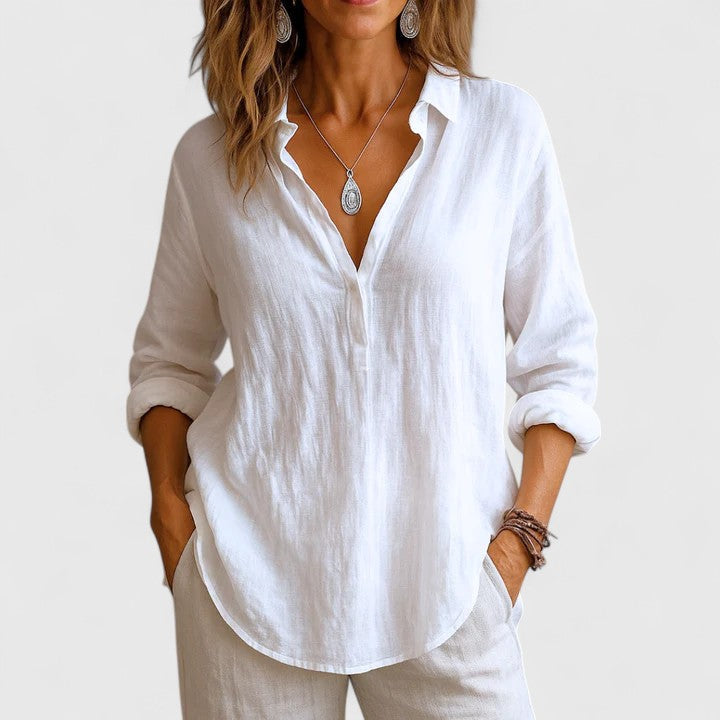 Coastal Ease | V-Neck Long Sleeve Relaxed Linen Blouse