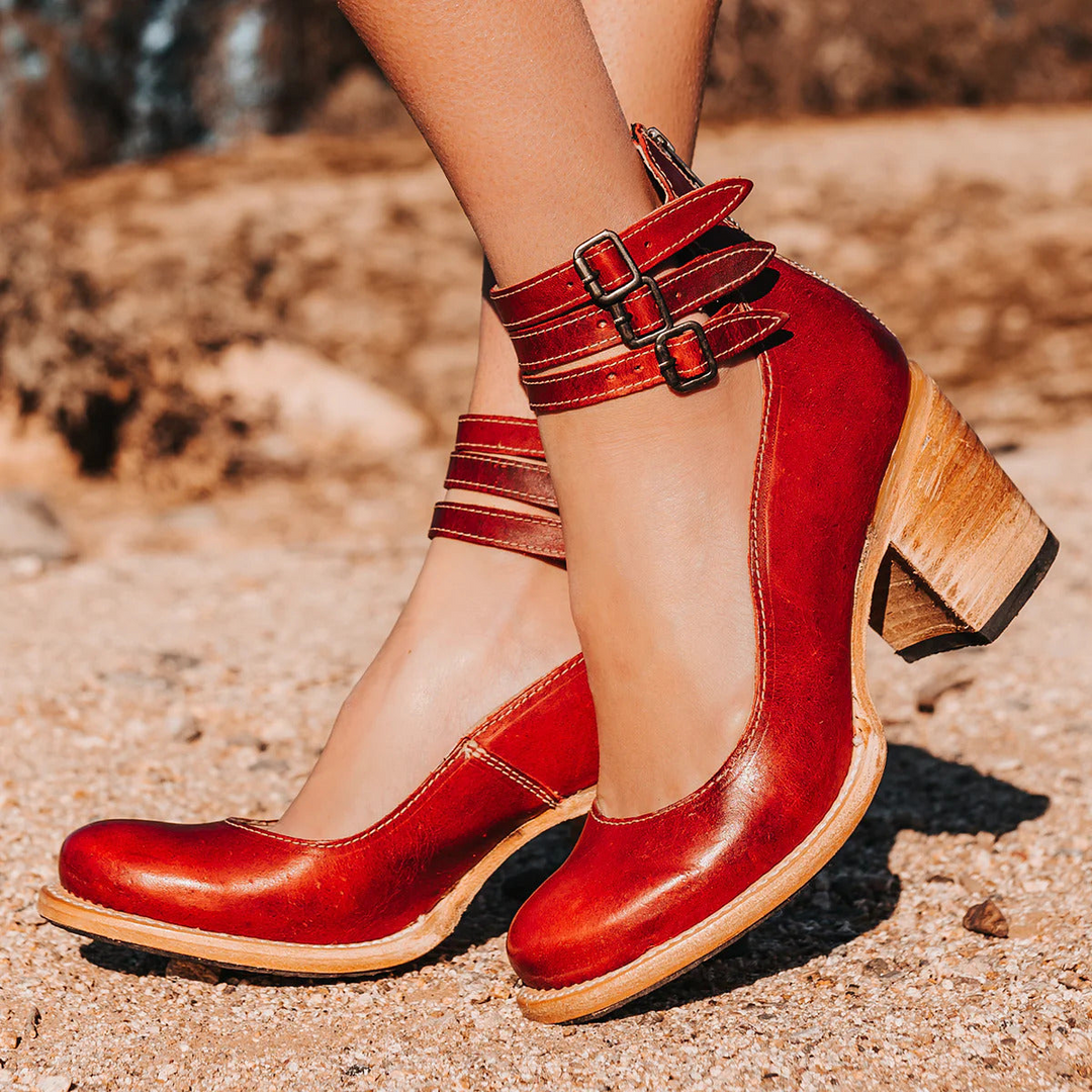 Mustang | Double Buckle Ankle Strap Stacked Block Heels