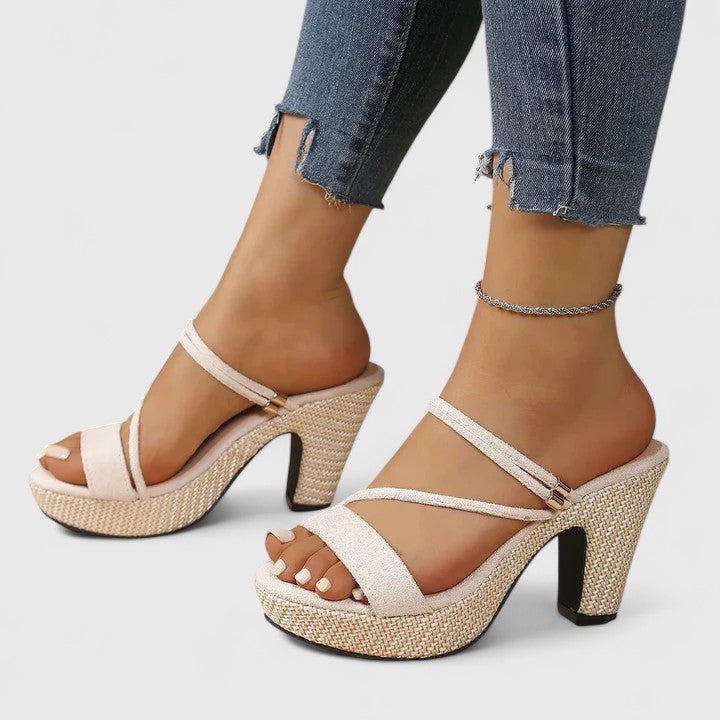 Riviera | Strappy Open Toe Raffia Platform Block Heels