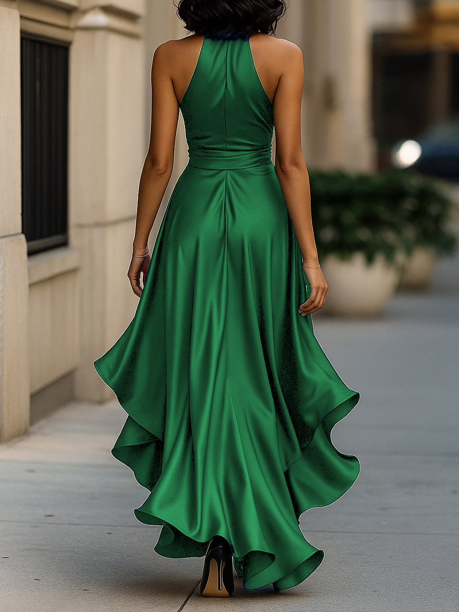 Arabella | Satin Halter Wrap Formal Maxi Dress with Ruffle Hem
