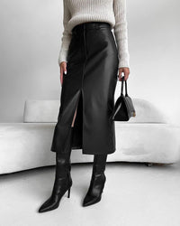 Noir | High Waist Front Split Faux Leather Midi Skirt