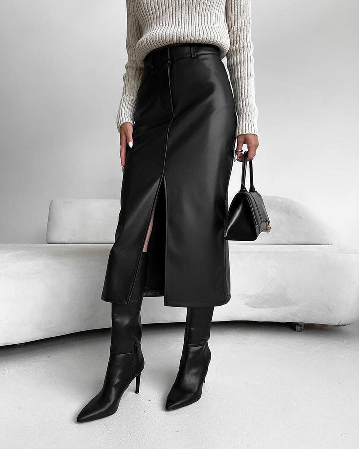 Noir | High Waist Front Split Faux Leather Midi Skirt