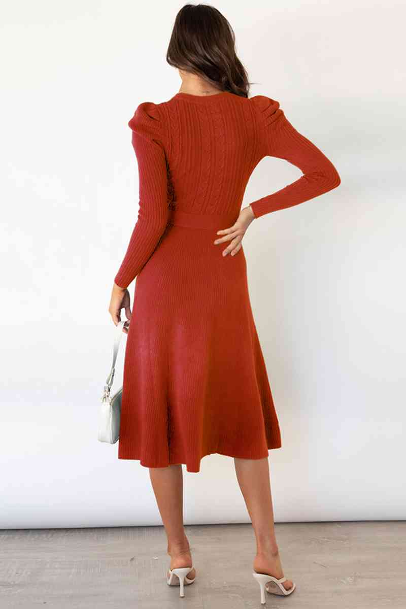 Audrey | Women's Cable Knit Dress with Puff Shoulders