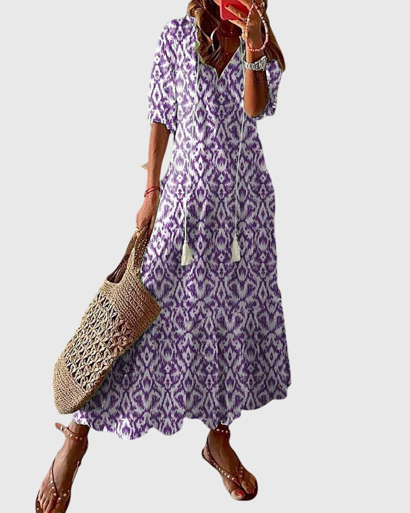Izara | Ikat Print Tassel Tie Maxi Summer Dress