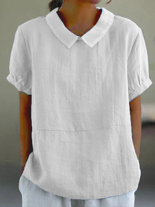 Dovecollar | Contrast Peter Pan Collar Short Sleeve Linen Blouse