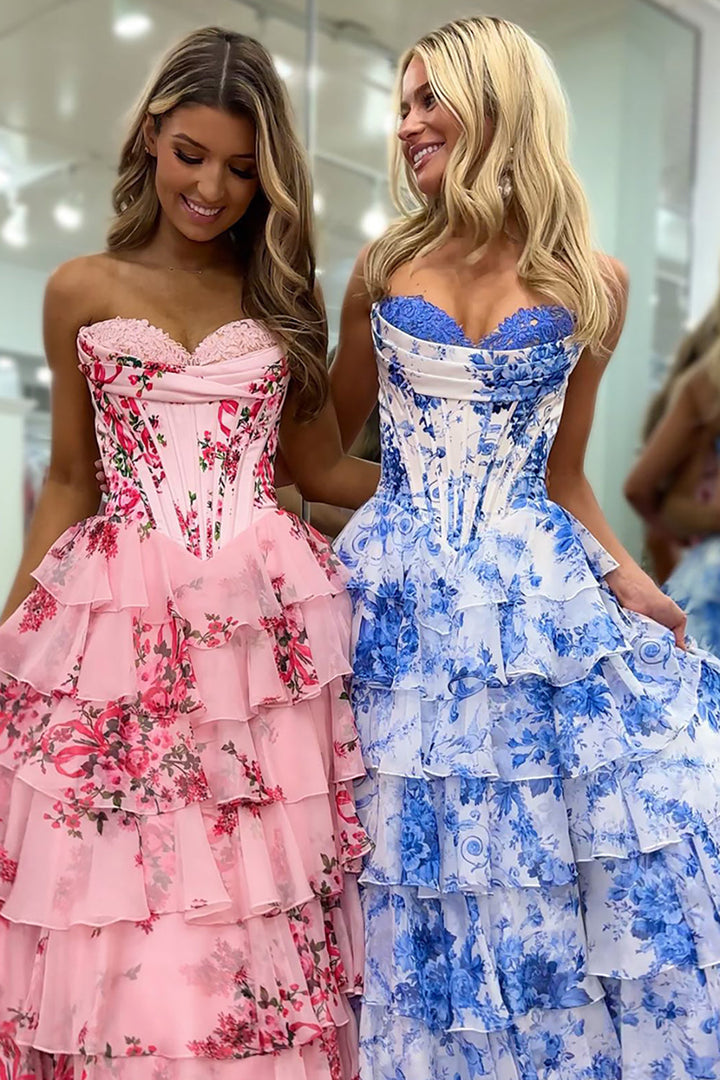 Juliette | Strapless Floral Print Corset Tiered Wedding Guest Dress