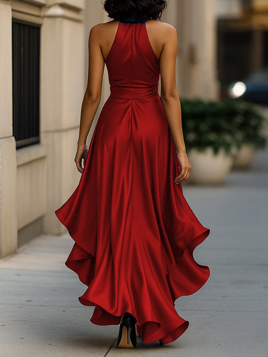 Arabella | Satin Halter Wrap Formal Maxi Dress with Ruffle Hem