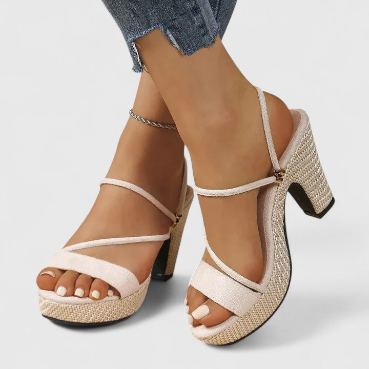 Riviera | Strappy Open Toe Raffia Platform Block Heels