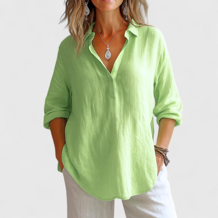 Coastal Ease | V-Neck Long Sleeve Relaxed Linen Blouse
