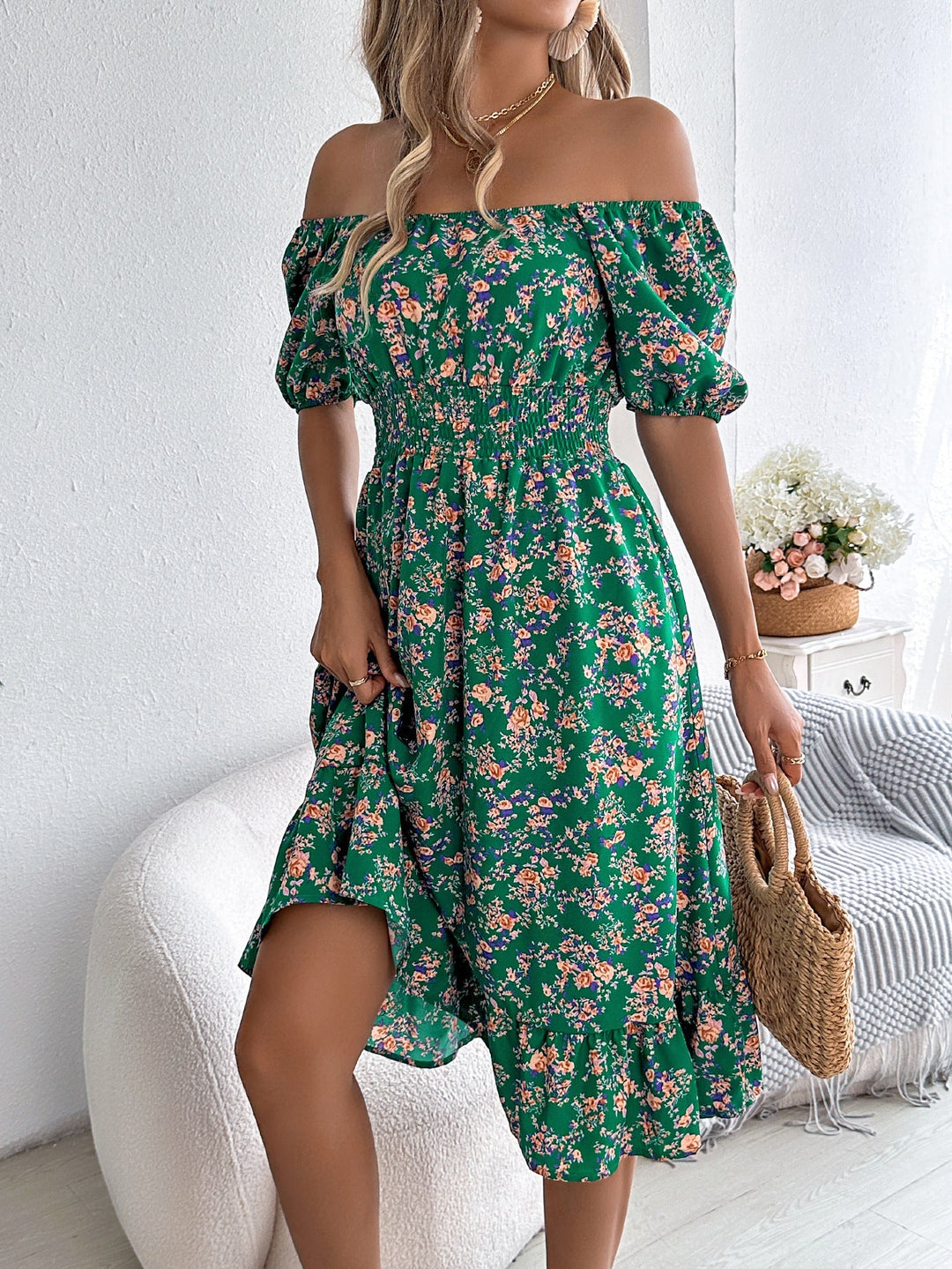 Sienna | One Shoulder Dress with Floral Midi Ruffle Hem