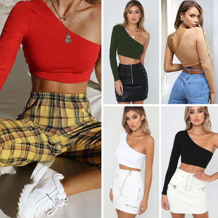 Mila | Single Sleeve Asymmetric Crop Off Shoulder Top