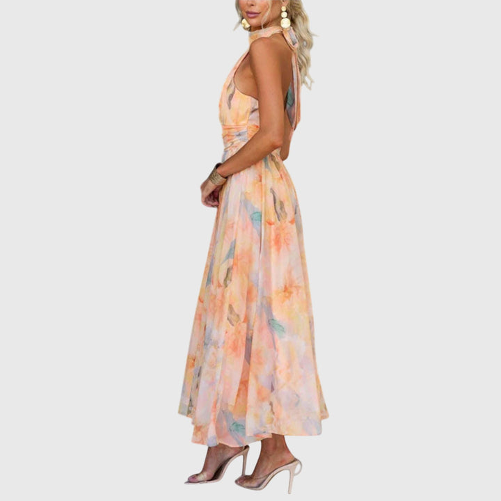 Solène | Halter Neck Wrap Dress in Abstract Watercolour Chiffon