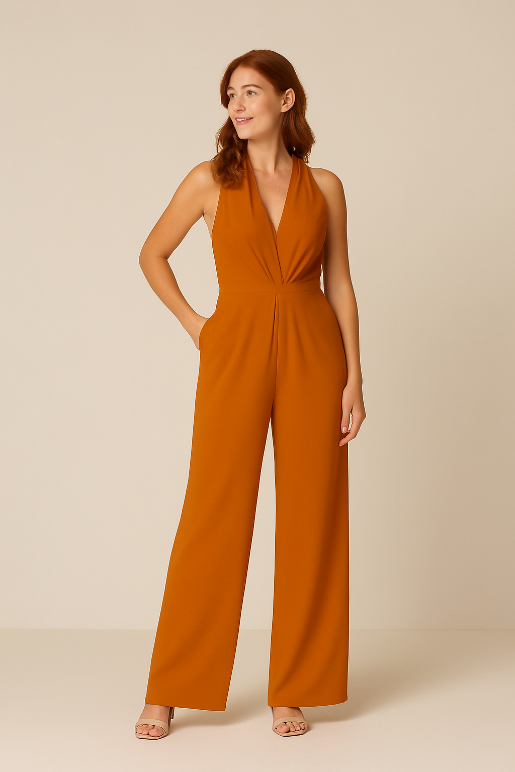 Ashford | Plunge Halter Neck Jumpsuit with Wide Leg Trousers and Pockets