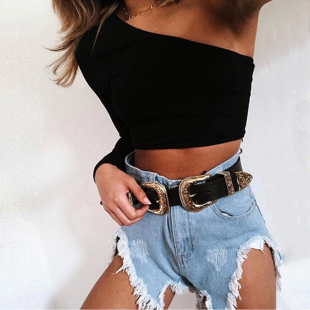 Mila | Single Sleeve Asymmetric Crop Off Shoulder Top