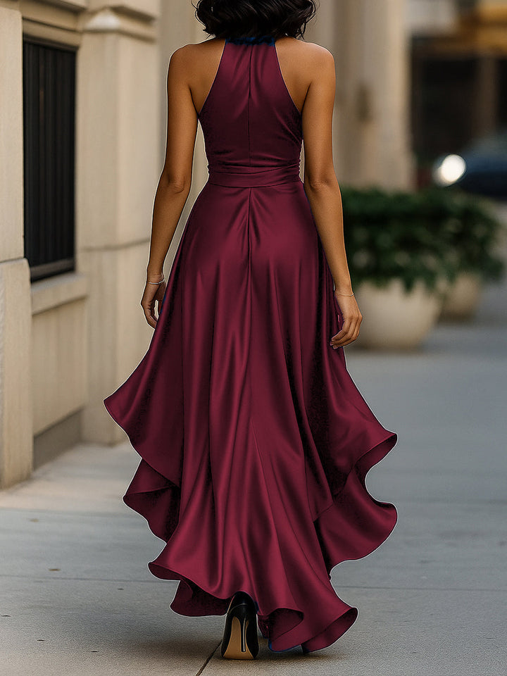 Nadine | Halter Neck Satin Maxi Dress with Bow Tie and Ruffle Hem