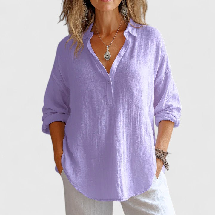Coastal Ease | V-Neck Long Sleeve Relaxed Linen Blouse