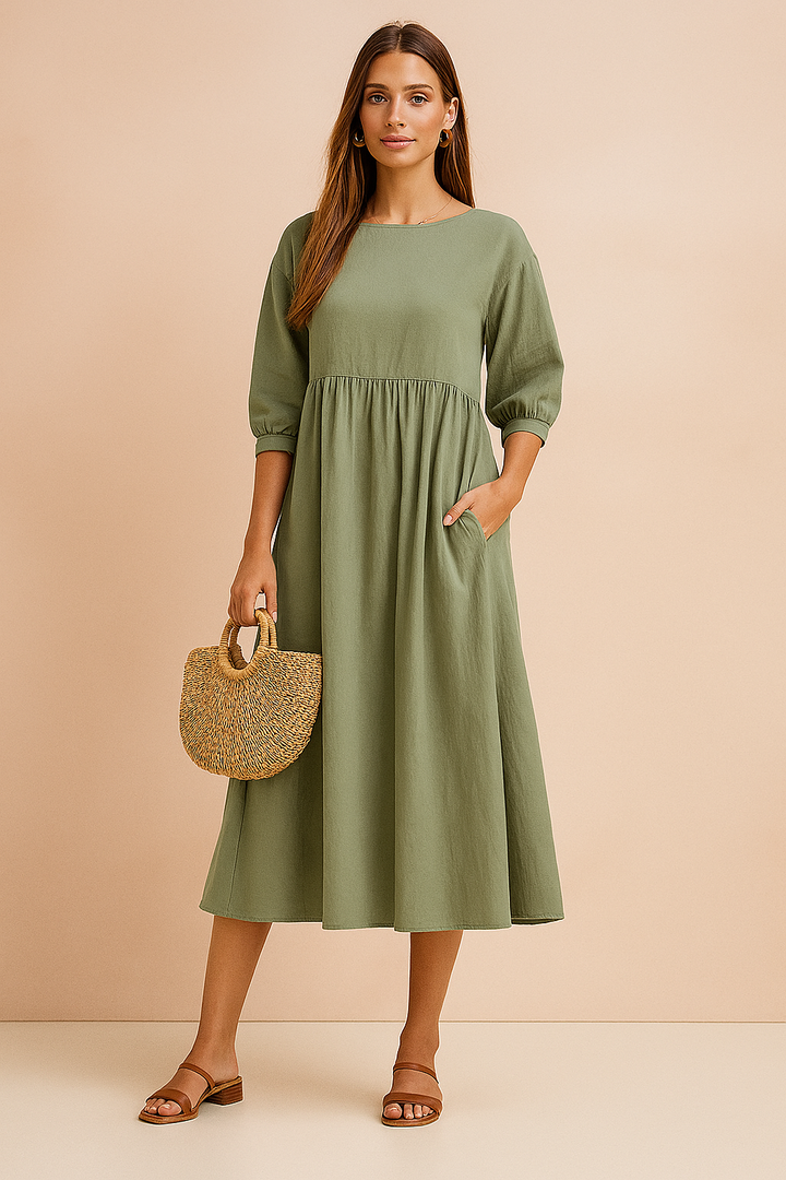 Amabel | Gathered Empire Womens Pleated Midi Dress