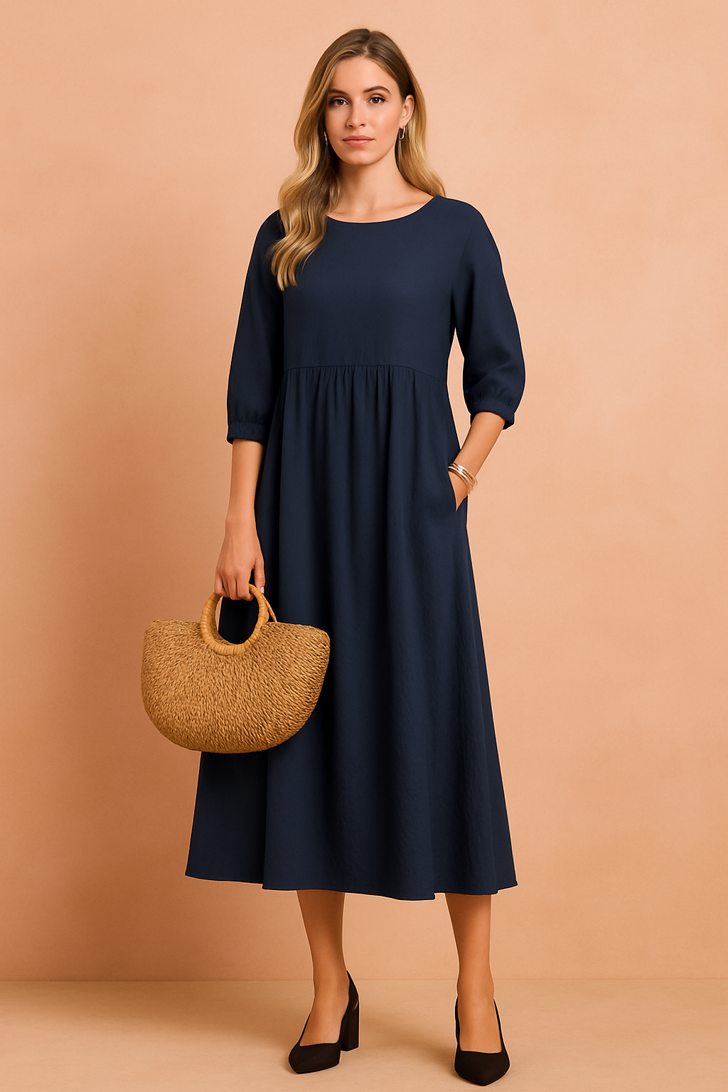 Amabel | Gathered Empire Womens Pleated Midi Dress
