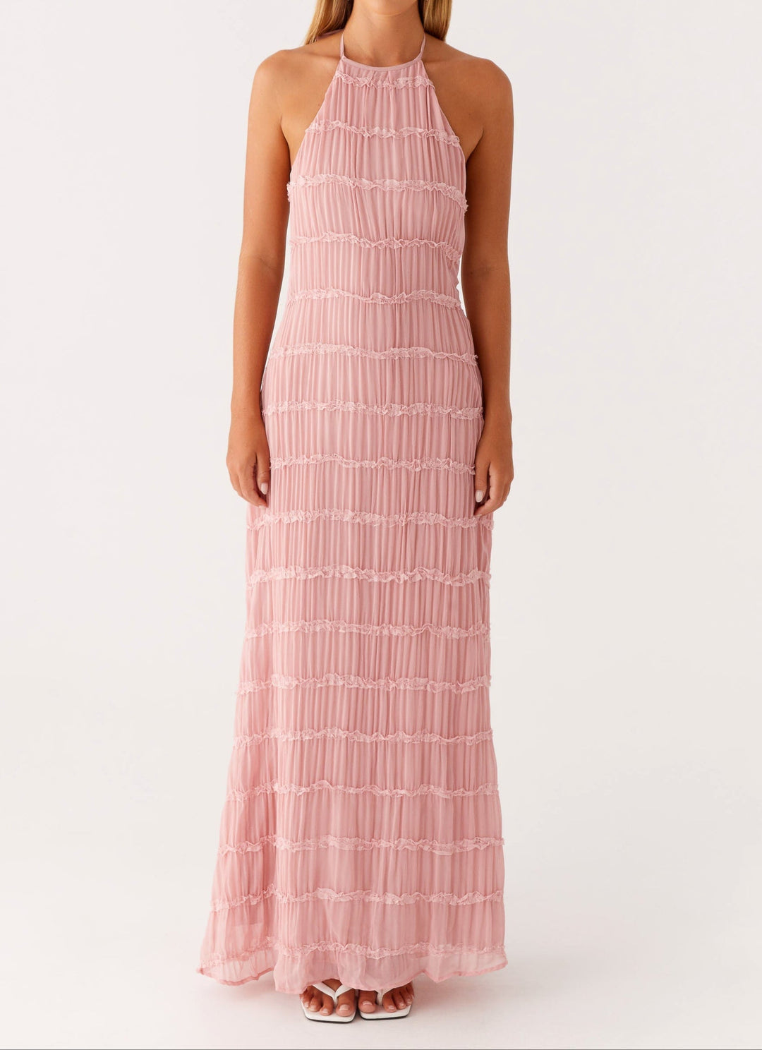 Pearla | Textured Lace-Trim Halter Neck Maxi Dress
