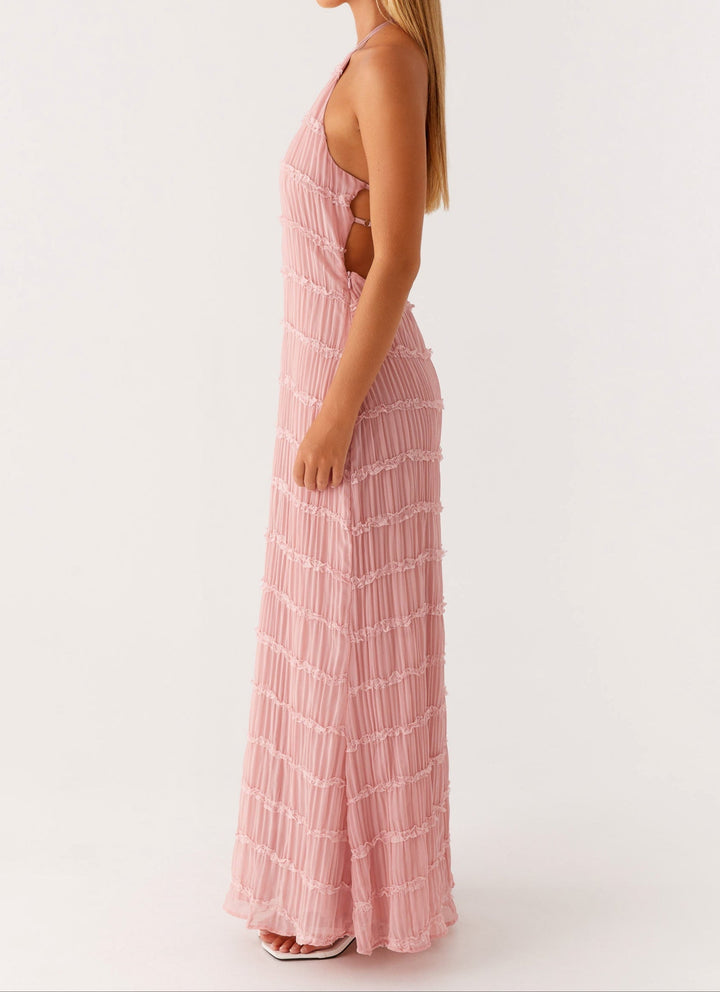 Pearla | Textured Lace-Trim Halter Neck Maxi Dress