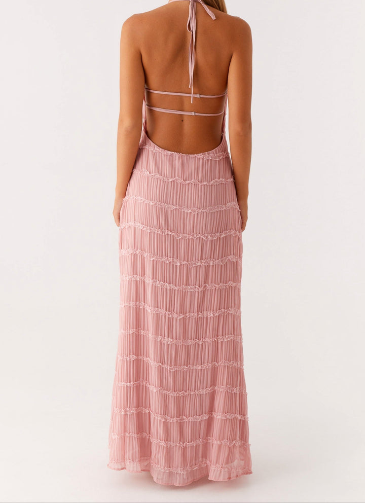 Pearla | Textured Lace-Trim Halter Neck Maxi Dress