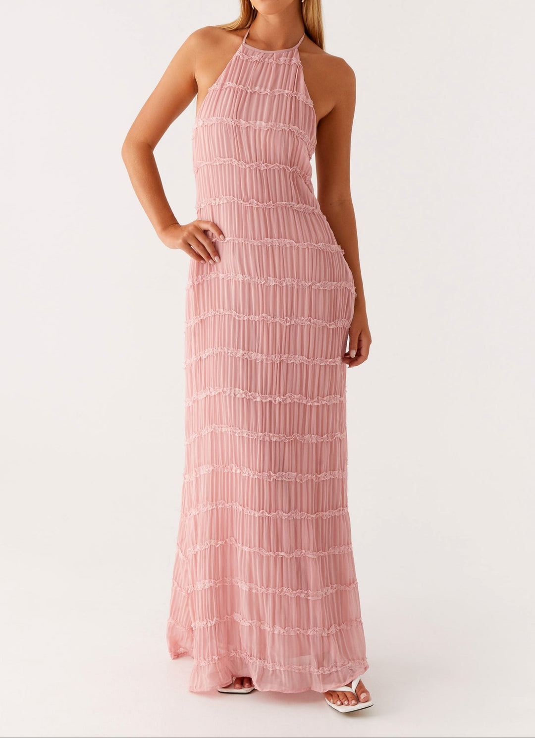 Pearla | Textured Lace-Trim Halter Neck Maxi Dress