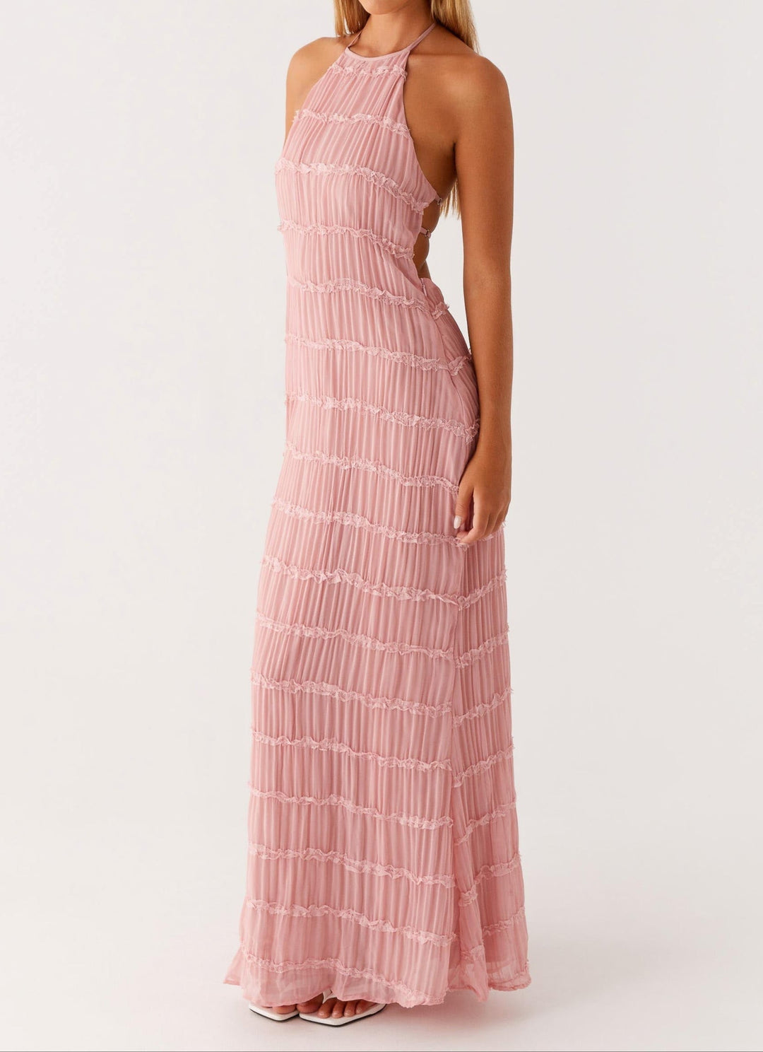 Pearla | Textured Lace-Trim Halter Neck Maxi Dress