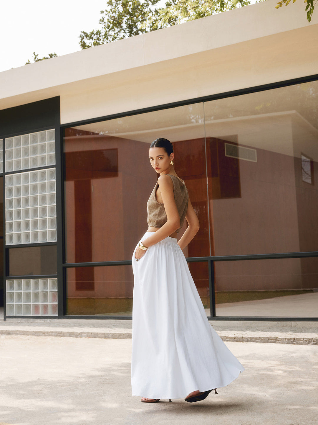 Palazzo | High Waist Gathered A-Line Cotton Maxi Skirt