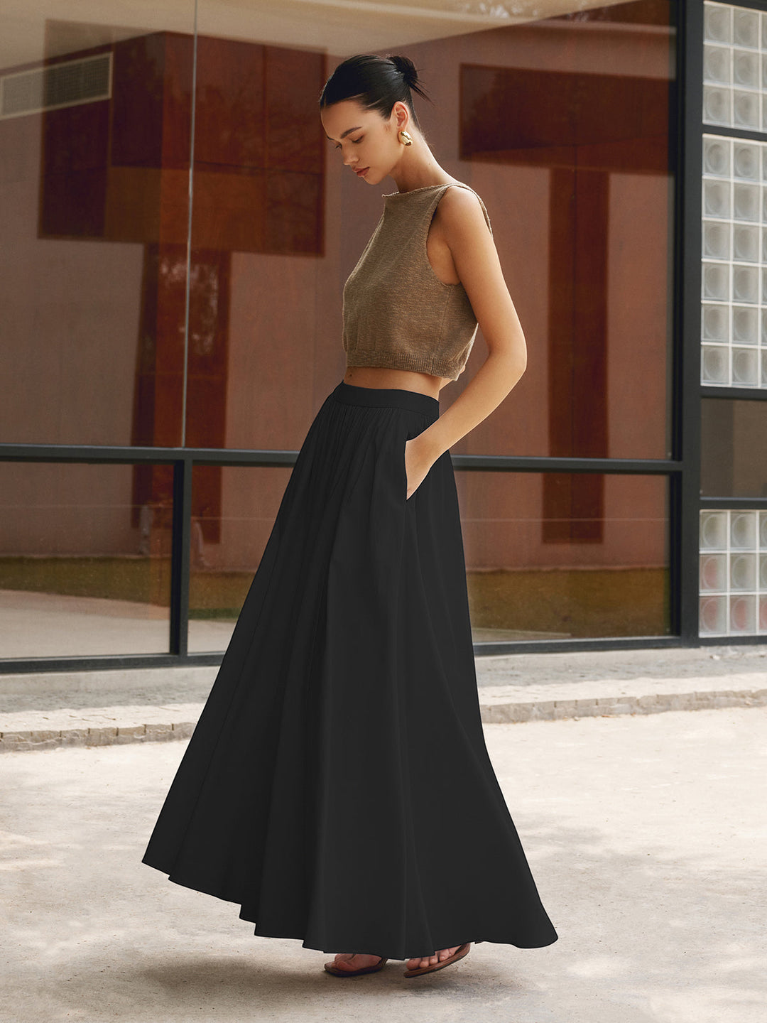 Palazzo | High Waist Gathered A-Line Cotton Maxi Skirt