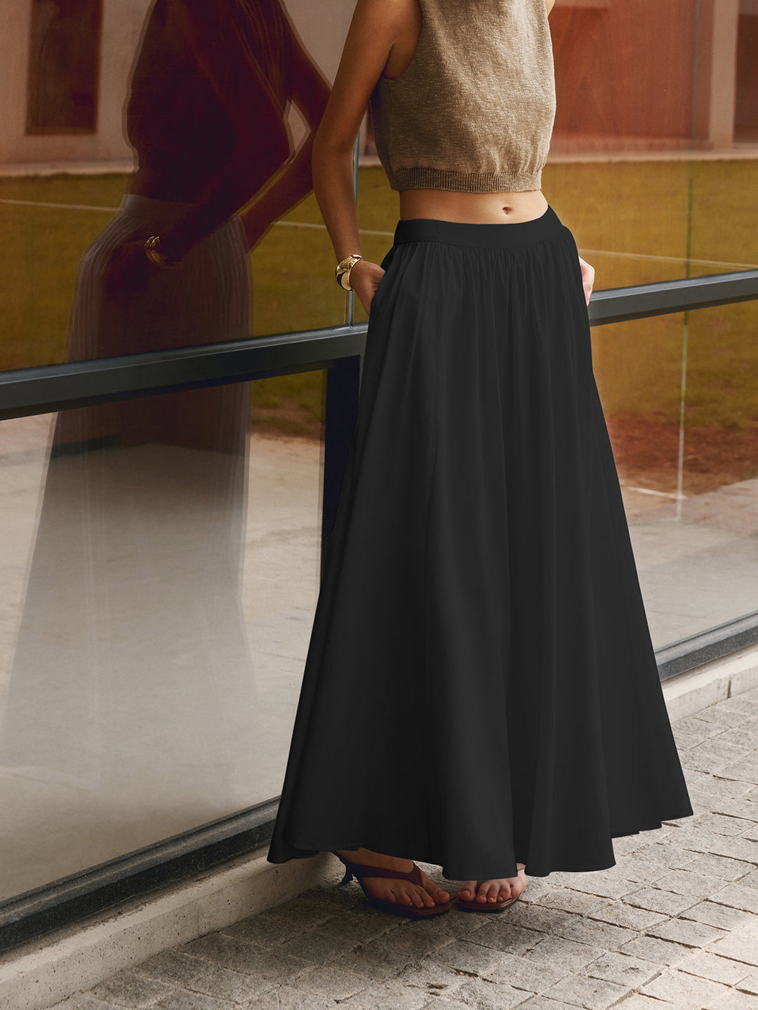 Palazzo | High Waist Gathered A-Line Cotton Maxi Skirt
