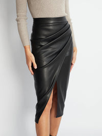 Vixen | Draped Wrap Front Faux Leather Midi Skirt