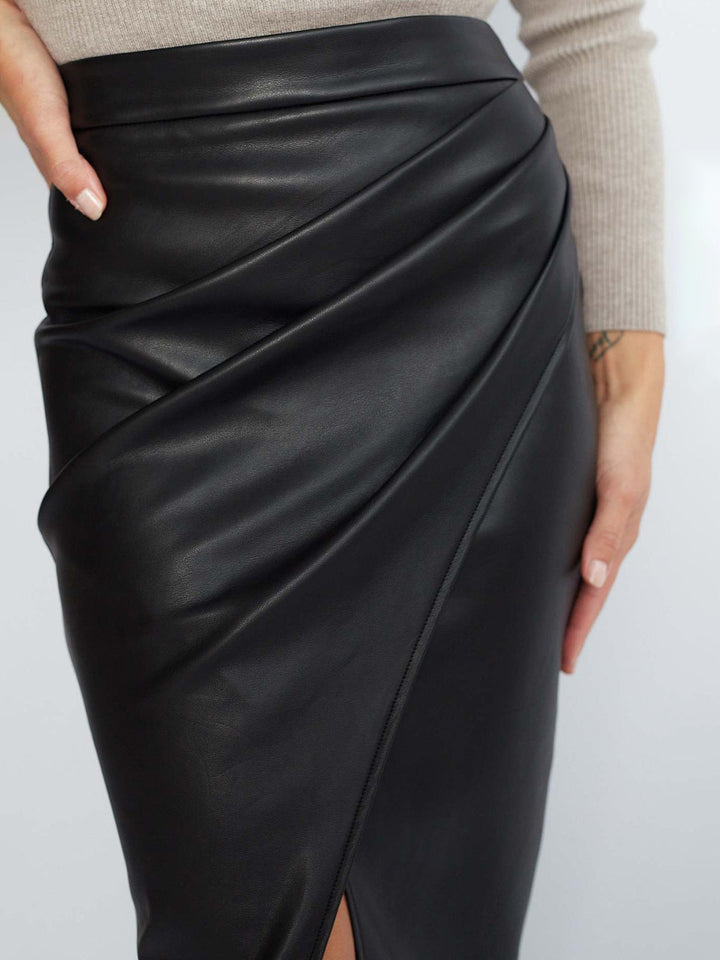 Vixen | Draped Wrap Front Faux Leather Midi Skirt