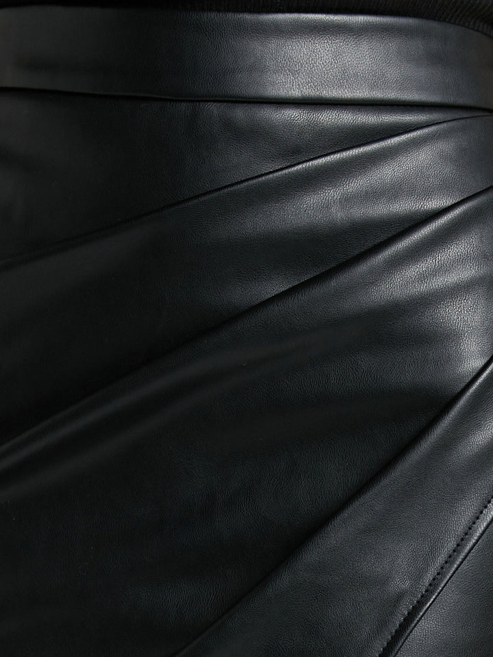 Vixen | Draped Wrap Front Faux Leather Midi Skirt