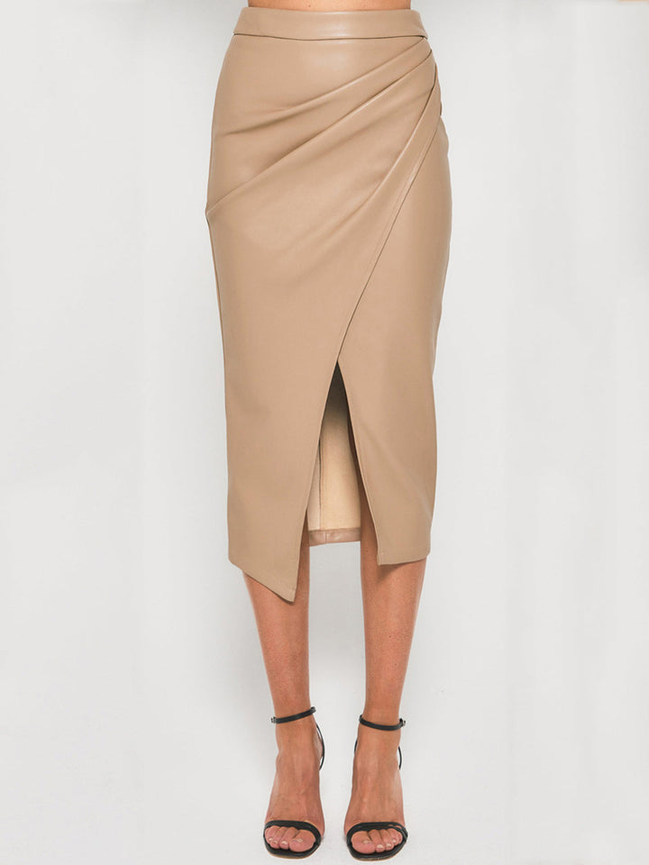 Vixen | Draped Wrap Front Faux Leather Midi Skirt