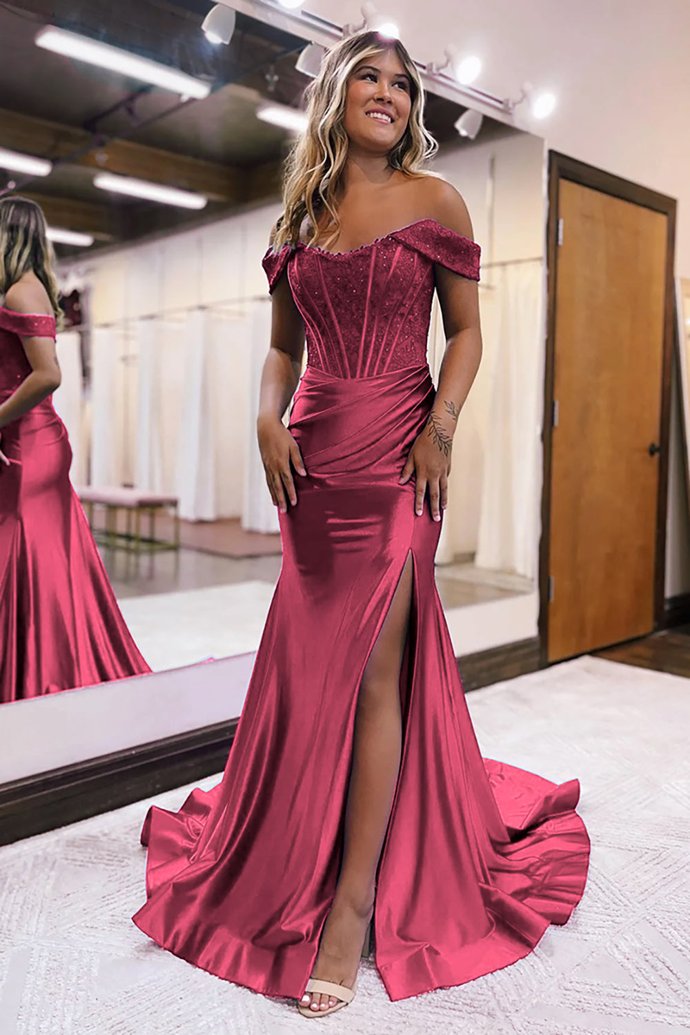 Dominique | Off-Shoulder Beaded Corset Mermaid Wedding Guest Dress