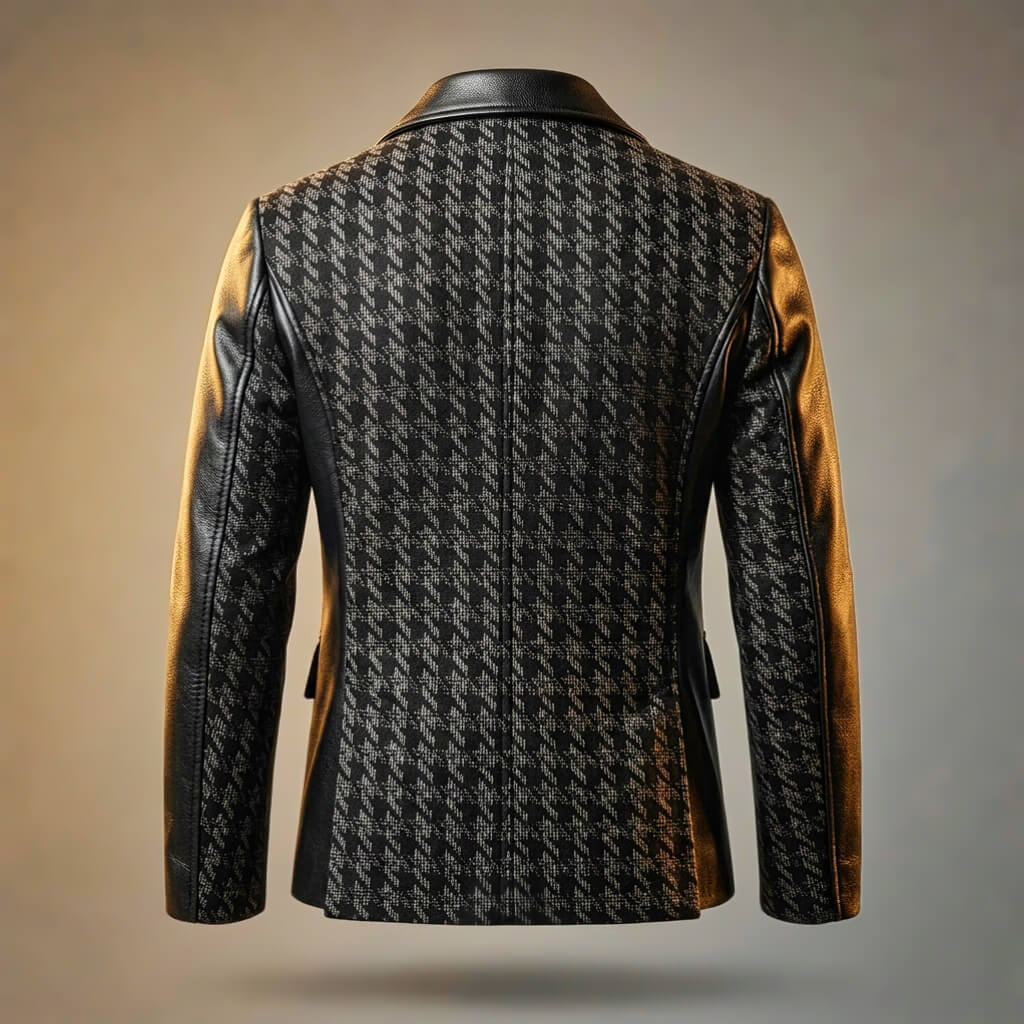 Hawthorne | Houndstooth Blazer with Leather Trim and Gold Zips