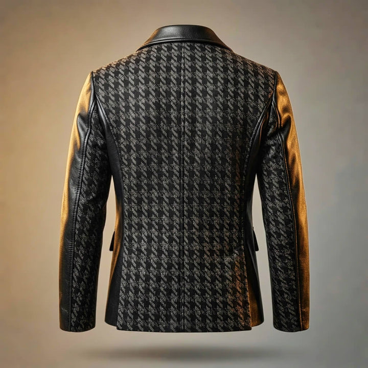 Hawthorne | Houndstooth Blazer with Leather Trim and Gold Zips