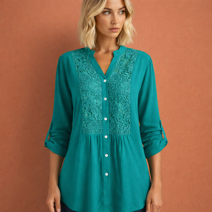 Lacefield | Crochet Lace Panel Button-Up Tunic Blouse