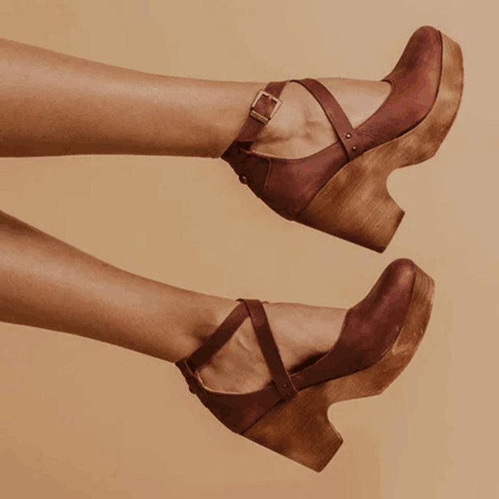 Clodagh | Cross-Strap Leather Clog Platform Wedges