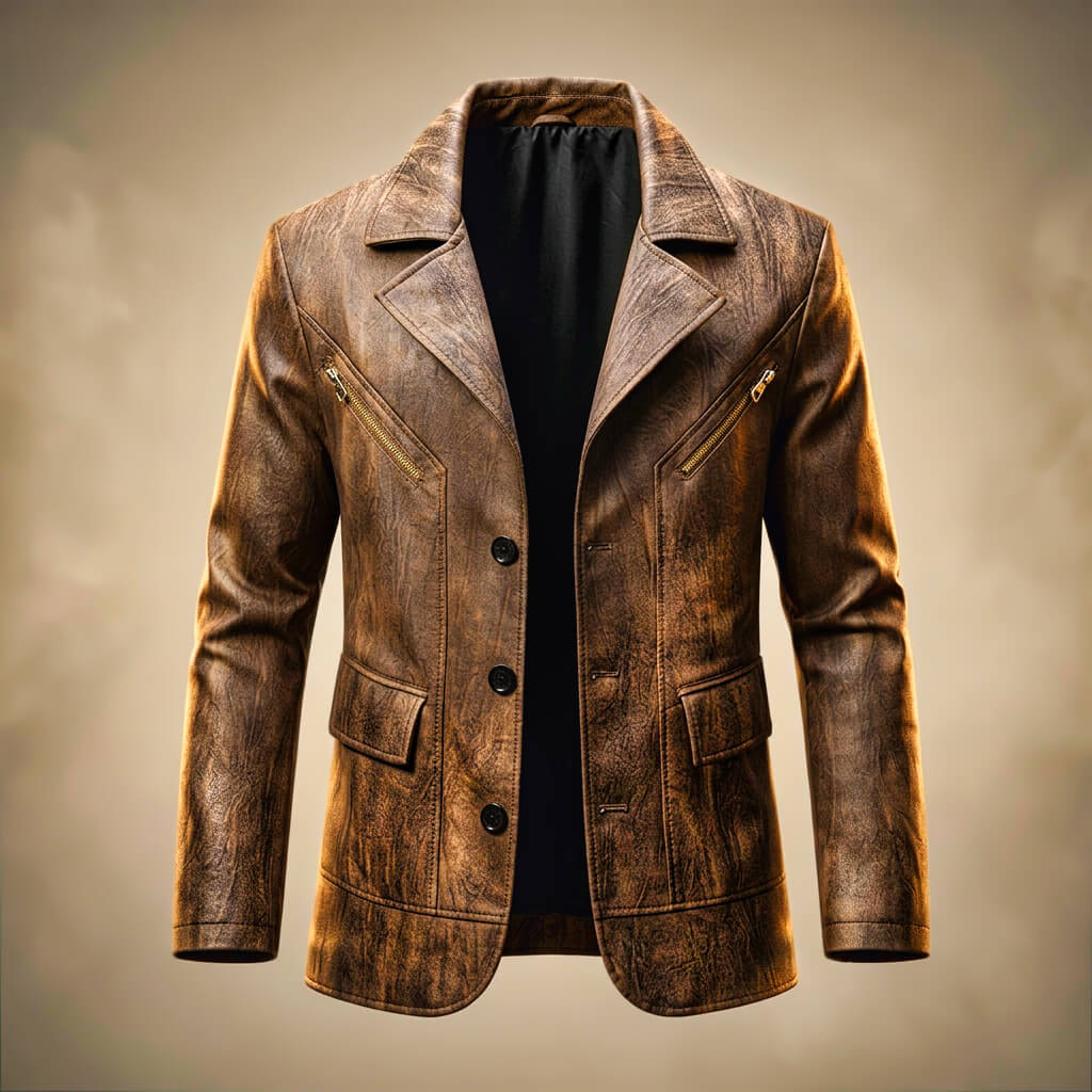 Maverick | Distressed Leather Blazer with Gold Zip Detail
