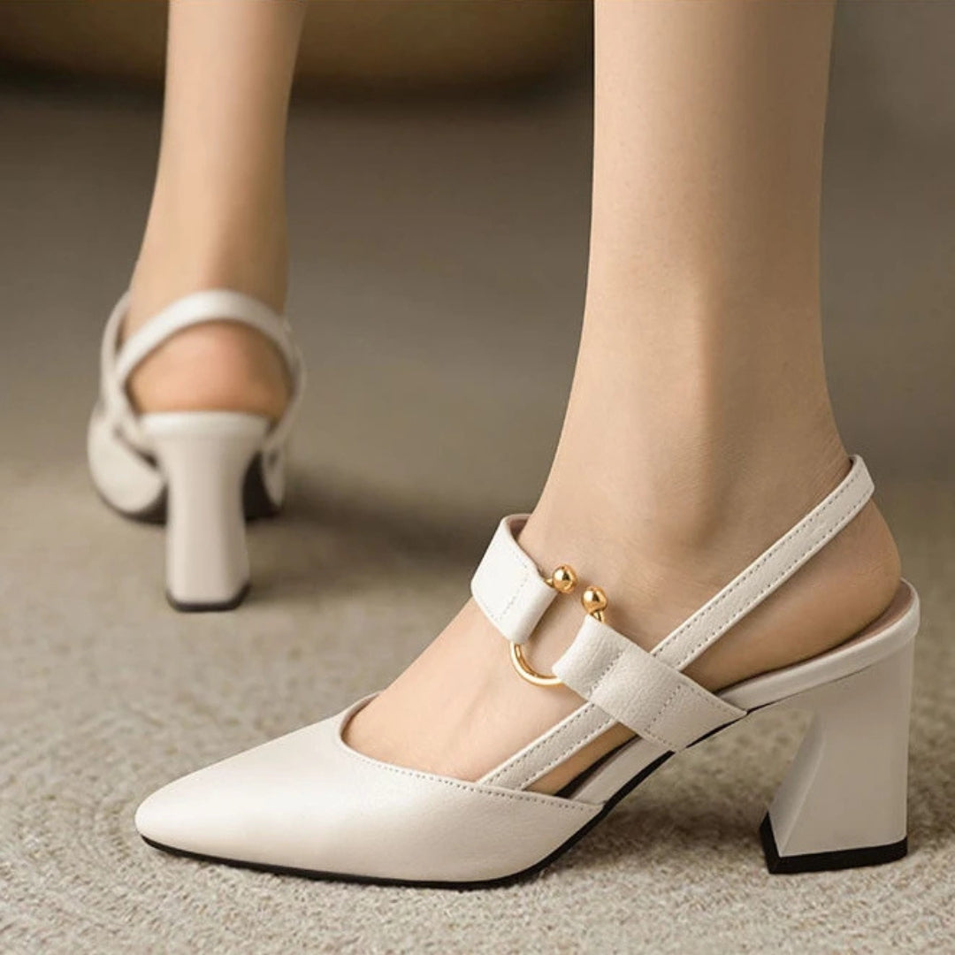 Harlow | Gold Ring Bar Strap Slingback Block Heels